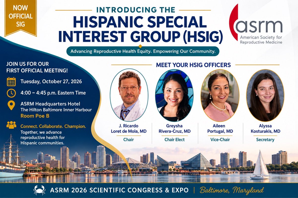 loretdemola's tweet photo. To all Hispanic reproductive endocrinology and infertility faculty, physicians, resident send fellows please join us next Tuesday, October 27 at 4 PM at the Hilton Baltimore inner Harbour Hotel room Poe B for our first annual meeting. https://t.co/L3XcvOphve