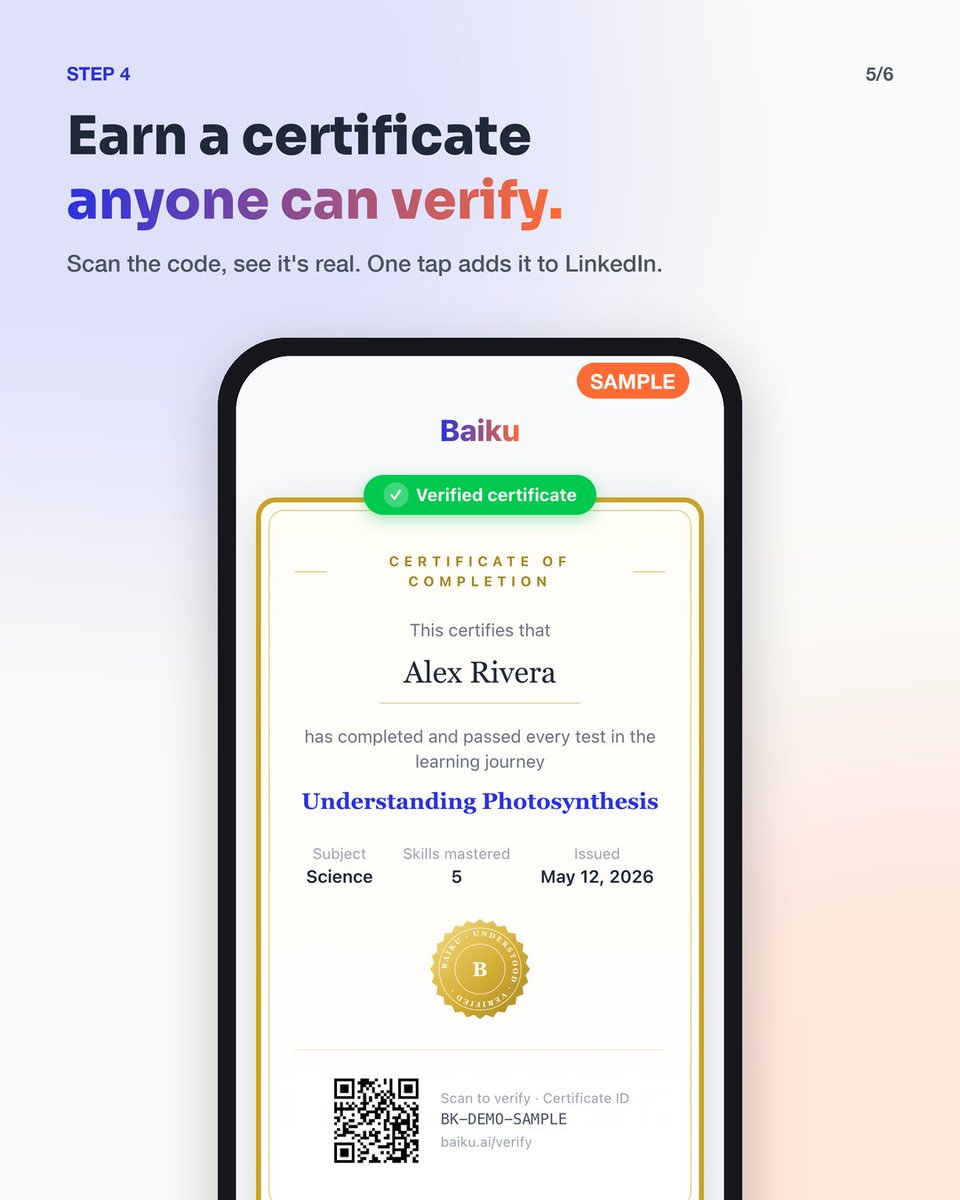 baikudotai's tweet photo. How Baiku works:

1. Pick a journey (or build your own)
2. 5-minute lessons, explained simply
3. A quiz after every lesson
4. A certificate anyone can verify (sample shown)

Free to start: https://t.co/vh9DR06lrQ 

#Learning https://t.co/9sDxiwZunt