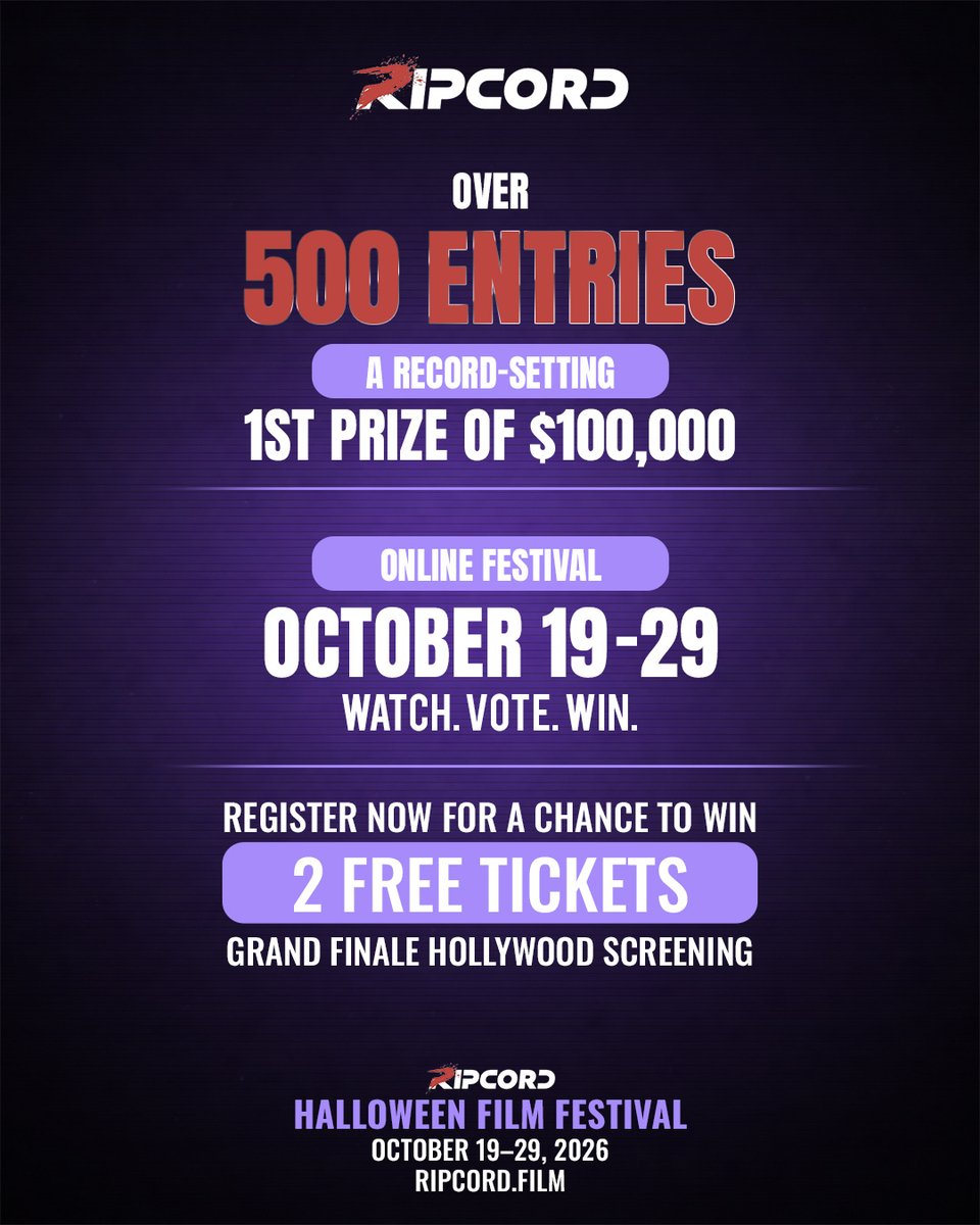 RipcordFilm's tweet photo. The first annual Ripcord Halloween Film Festival is thrilled to announce OVER 500 shorts have entered the competition!
$100,000 awaits the next great filmmaker, so do your part in recognizing them: register at https://t.co/wb8na0uUrX to watch and vote on the Top 50 shorts. https://t.co/PPs8Aqj92x