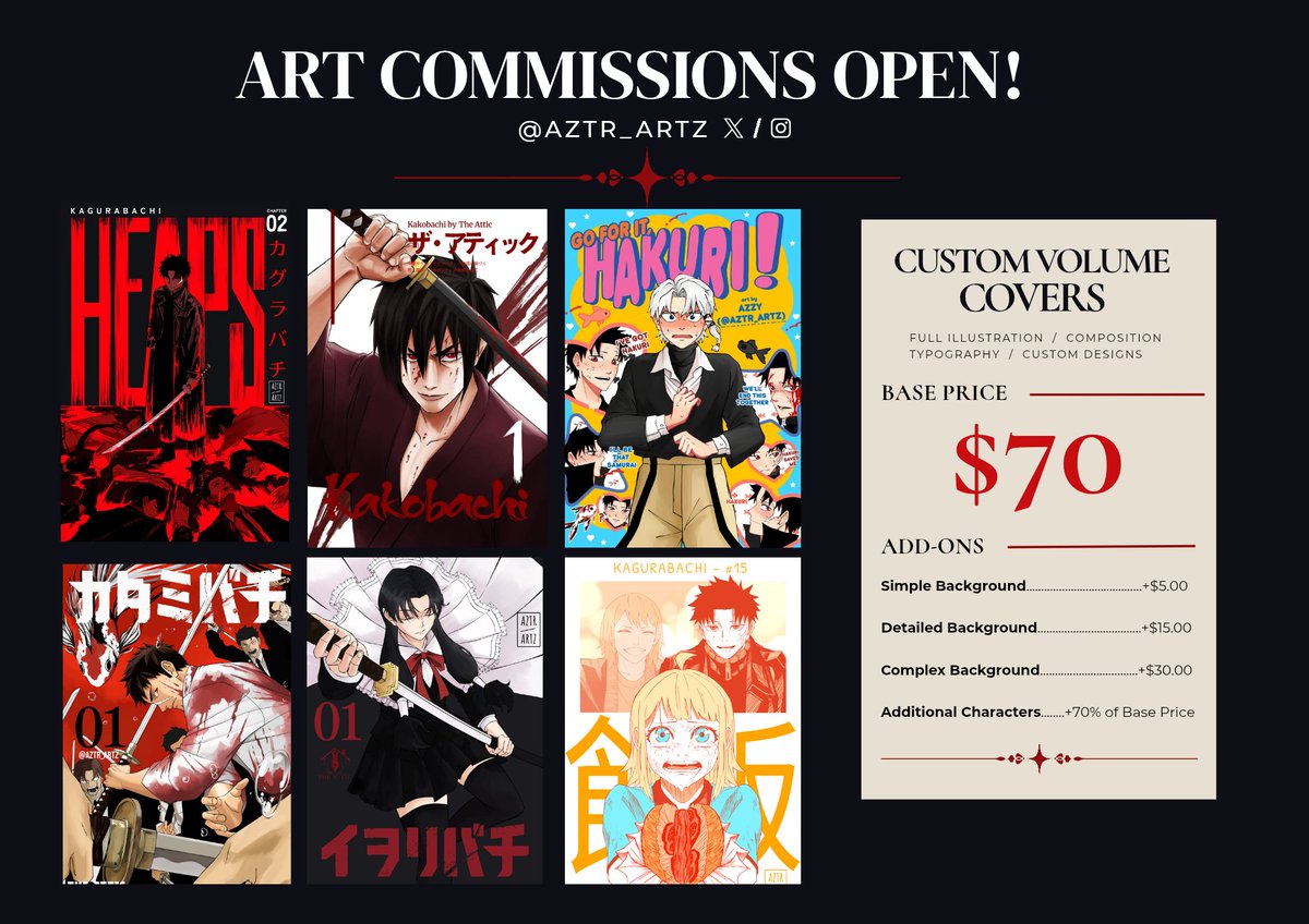 Aztr_artz's tweet photo. COMMISSIONS ARE OPEN!!!

Got an OC? A favorite character? A ship? A completely unhinged art idea?
SEND THEM MY WAY!!! (>v<)/

Character illustrations &amp; custom volume covers are available!!
Check out my commission sheet + TOS below!!
DM me for inquiries / further details!! ✧ https://t.co/HZqUKK6HUi