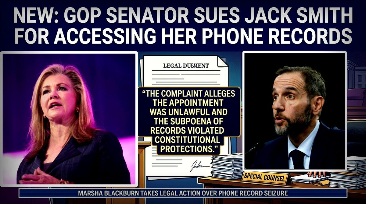 DiamondandSilk's tweet photo. 📷  BREAKING: Sen. Marsha Blackburn has filed a federal civil lawsuit against former Special Counsel Jack Smith and the DOJ.

The suit claims Smith unlawfully subpoenaed her Verizon cell phone toll records during the "Arctic Frost" 2020 election probe without notice, challenging Smith's appointment under the Appointments Clause and alleging Speech or Debate Clause violations.
#BreakingNews #Politics #MarshaBlackburn #JackSmith #DOJ