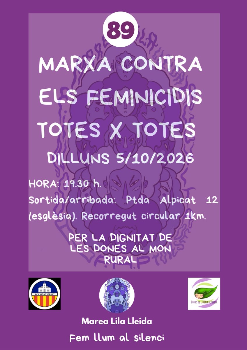 marealilalleida's tweet photo. Ens trobem el pròxim dilluns! Marxa contra els feminicidis 
#Totesxtotes #Niunamés https://t.co/qZE1Iz3joo