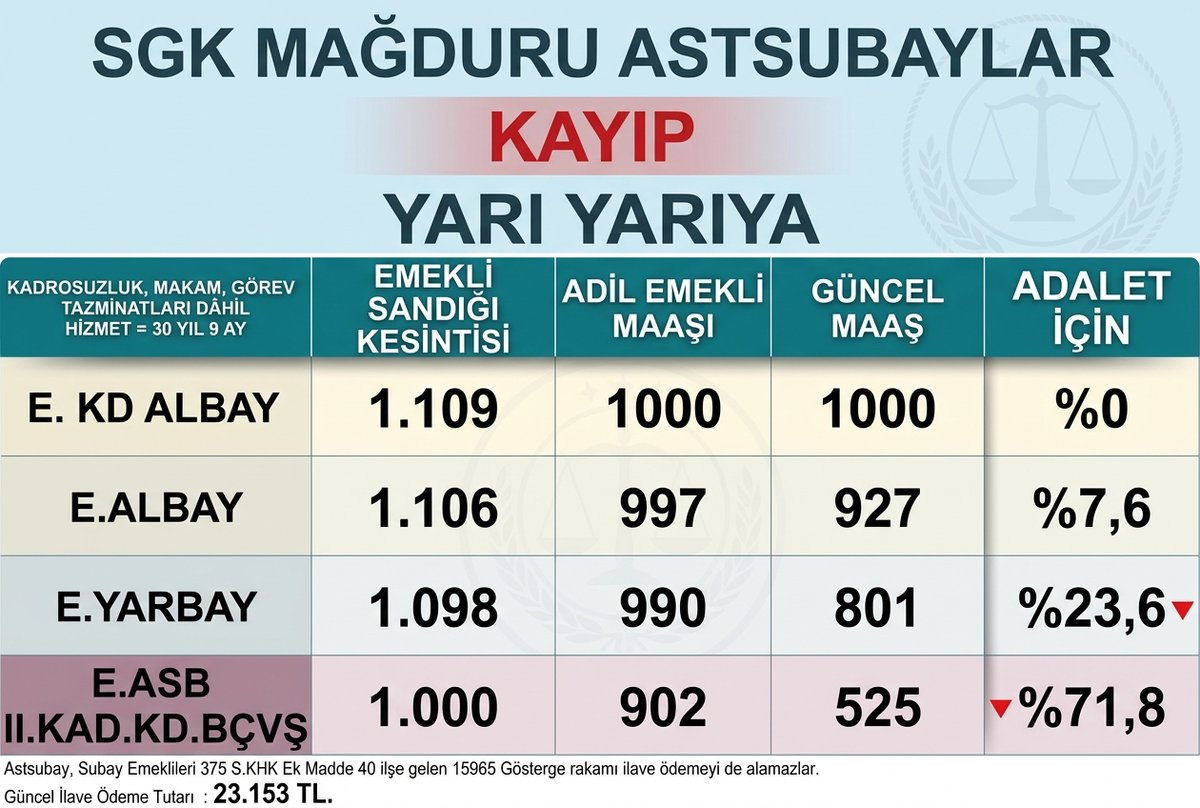 AstsubayBurada's tweet photo. "SGK MAĞDURU ASTSUBAYLAR" 
ALINTIDIR.@TuncbilekN 
BİR MECLİS AÇILIŞI ... 

Seçim öncesi son kapanışı sözleri: 
"Astsubay ve emeklilerin haklarını ilk sırada düzenleyeceğiz" 

Bugün bir kez daha yeni yasama yılı için açıldı. 
Astsubay ve emeklileri hangi haksızlığın giderilmesini bekliyor. 
1. Yatırdıkları emekli primlerinin karşılığını alamıyorlar. 
2. Çalışırken adaletsiz olan maaş oranları emeklilikte inanılmaz oranda kelimenin tam manası ile zuılme dönüşüyor. 
3. Vaad edilen emekli maaş bağlama oranları astsubay ve emeklisi için yaklaşık 50 yıldır yapılan iyileştirmelerde hiç ele alınmadığından zulüm artarak devam ediyor. 
Bunca yıl devam eden ve üç kuşak astsubayı etkileyen durum "SGK MAĞDURU ASTSUBAYLAR" kavramını cumhuriyet tarihine nakşetti. 
Diğer tablolar yorumda... 
#UnutulanAstsubay
@TBMMresmi
 @Akparti
 @yenipartiyiz
 @herkesicinCHP
 @iyiparti
 @MHP_Bilgi
 @devapartisi
 @SaadetPartisi
 @_DemokratParti
 @cmp_genelmerkez
 @RTErdogan
 @eczozgurozel
 @MdervisogluTR
 @dbdevletbahceli
 @rsahinozturkcmp
 @tcsavunma
 @HMBakanligi
 @mansuryavas06
 @isikhanvedat
 @TSKGnkur
 @gencaskn
 @Seyit_TORUN
 @zuhal_karakoc
 @celebimehmeta
 @FeyziBerdibek1
 @ayhan_salman
 @mugokgoz32
 @medeniylmz
 @drmetinilhan40
 @kocakkonuralp
 @malicevheri
 @Yilmaz_Ozdill
 @Hurriyet
 @gazetesozcu
 @szctelevizyonu
 @nowhaber
 @Haberturk
 @sabah
 @milliyet
 @stargazete
 @ugurdundarTV
 @CMYLMZ
 @ProfDemirtas
 @mahfiegilmez
 @hsoneryalcin
 @mesutyar
 @KucukkayaIsmail
  @ismailsaymaz
 @sgokbakar