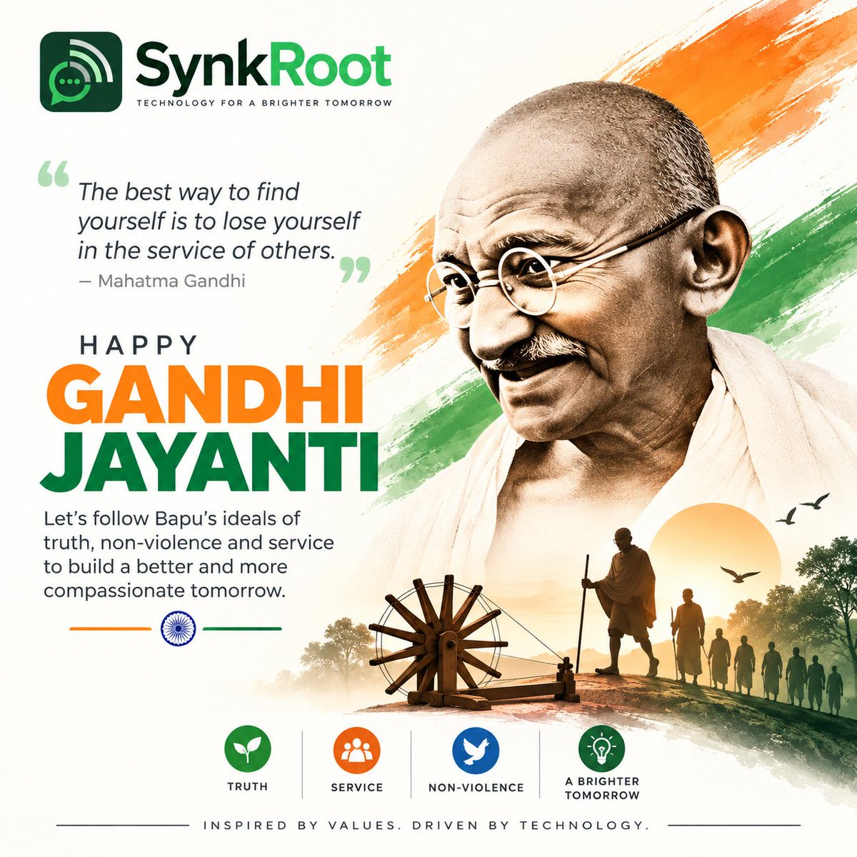 synkroothq's tweet photo. 🇮🇳 Inspired by values. Driven by progress.

This Gandhi Jayanti, we remember Mahatma Gandhi's timeless principles of truth, non-violence, service and compassion.

#GandhiJayanti #MahatmaGandhi #2October #SynkRoot #Technology #Innovation #Truth #NonViolence #BetterTomorrow https://t.co/VltKPSRKDw