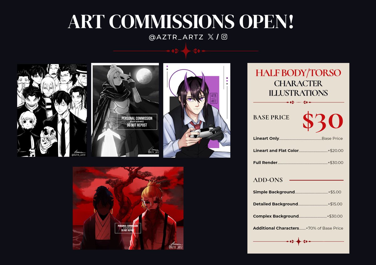 Aztr_artz's tweet photo. COMMISSIONS ARE OPEN!!!

Got an OC? A favorite character? A ship? A completely unhinged art idea?
SEND THEM MY WAY!!! (>v<)/

Character illustrations &amp; custom volume covers are available!!
Check out my commission sheet + TOS below!!
DM me for inquiries / further details!! ✧ https://t.co/HZqUKK6HUi