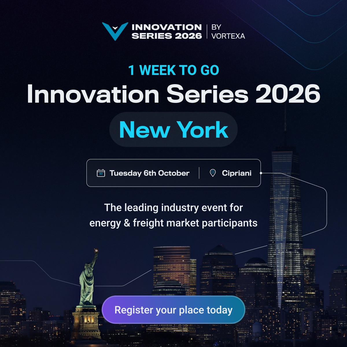 Vortexa's tweet photo. Innovation Series New York is one week away.

Join Vortexa at Cipriani Wall Street on Tuesday, the 6th of October for AI on flows data, a live analyst market panel and our demo bar. Tons of time for networking included! 

Spaces are limited. Register: https://t.co/5sw3IVzKQN

#Vortexa #EnergyMarkets