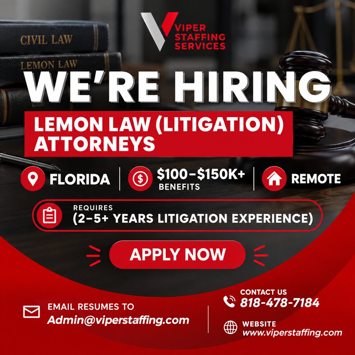 ViperStaffing's tweet photo. We’re hiring Lemon Law Litigation Attorneys in Florida.
$100K–$150K+ with benefits
Remote
2–5+ years of litigation experience required
818-478-7184
Visit: https://t.co/VbIIps2nff
Email your resume: admin@viperstaffing.com
#LemonLaw #AttorneyJobs #FloridaJobs #RemoteLegalJobs https://t.co/20jUwGY4m0