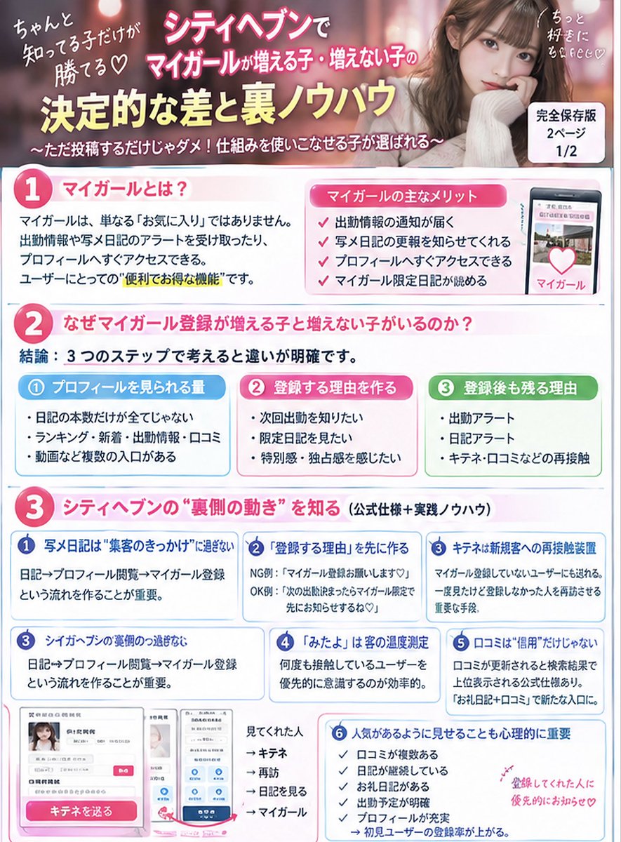 uraura044's tweet photo. なんで私だけマイガール増えないんだろ？

実は、写メ日記の本数だけ増やしてもマイガールは増えにくいです

大事なのは、

📌 プロフィールを見てもらう
↓
📌 「登録する理由」を作る
↓
📌 限定日記・出勤情報につなげる
↓
📌 キテネや口コミで再接触する

この流れを作ること。

「マイガール登録お願いします♡」だけではなく、

「次の出勤が決まったら登録してくれてる人に先にお知らせするね♡」

みたいに、登録するメリットを伝えるのがポイント。

さらに、
・限定日記
・キテネ
・口コミ
・お礼日記
・次回出勤告知

この辺をバラバラに使うんじゃなく、全部つなげて考える。

プロフィールから写メ日記無料ツールと
日給診断乗せてますっ🪄

「とりあえず日記を書く」から
「1人をマイガールに変えるために日記を書く」へ。

マイガールが増えない理由、意外とここにあります。

保存して、今日から自分のページを一度見直してみて📖🤍
