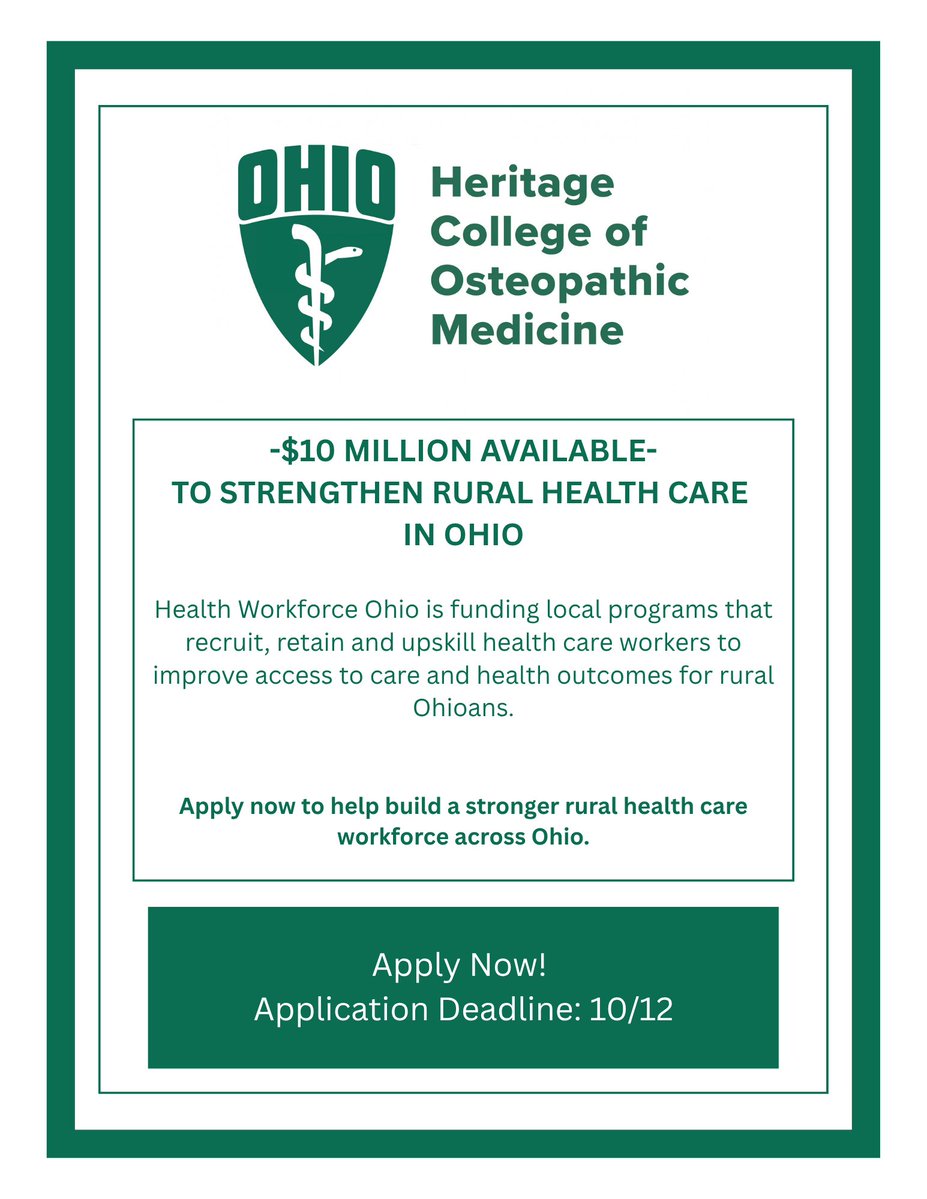 OUHCOM's tweet photo. A stronger health care workforce starts with opportunity. Health Workforce Ohio, a $10M statewide initiative co-led by @ohiou and @hcollaborative, is accepting grant applications across Ohio. Apply now: https://t.co/epVWusoSv8 https://t.co/Xvc1Uy5zG5