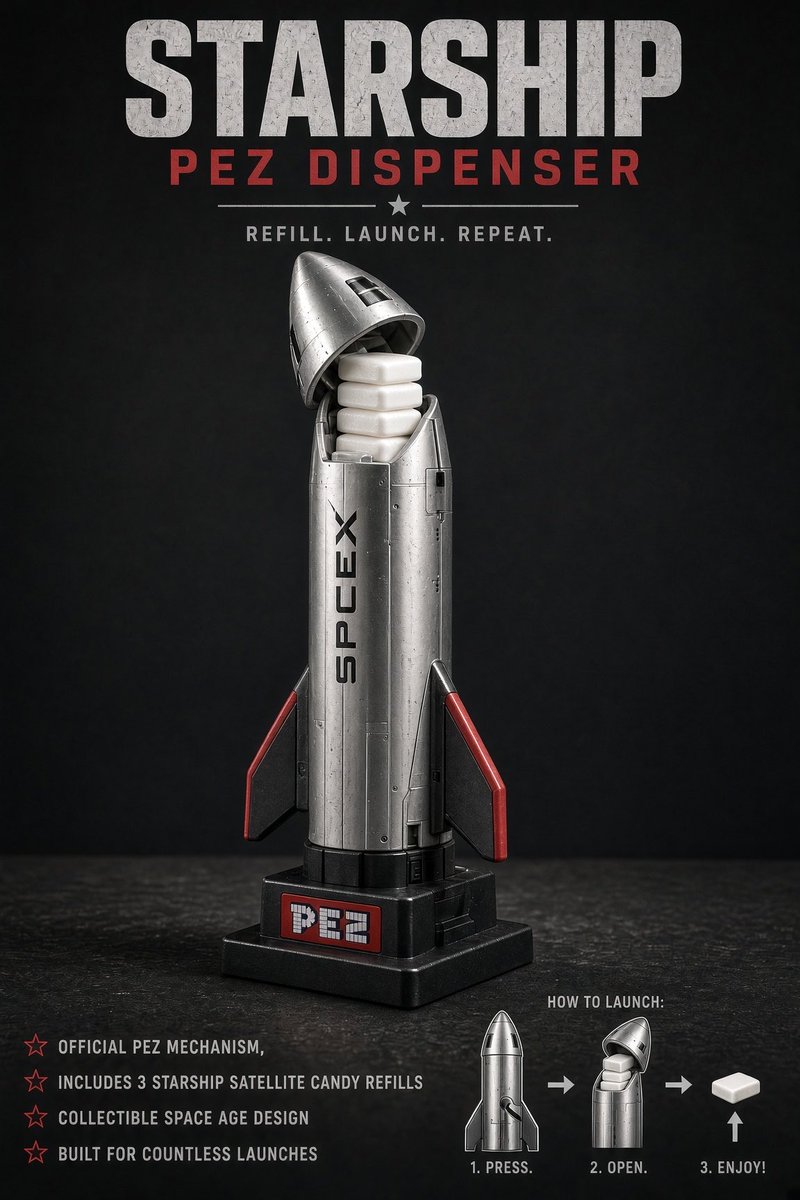 Thisisbadyall1's tweet photo. @elonmusk why hasn’t there been a Starship pez partnership yet? https://t.co/nVvJAKsw50