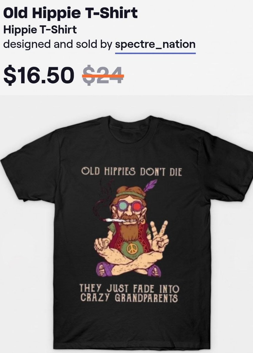 SpectreNation1's tweet photo. Old Hippies Don't Die. ✌️

Black tee, vintage cartoon hippie — and the punchline: they just fade into crazy grandparents. Sale price $16.50 (normally $24) at the Spectre Nation shop.

Grab yours: https://t.co/EESOTgAIS1

#SpectreNation #Merch #TeePublic #OldHippies #Hippie https://t.co/pKuiiZKvw2
