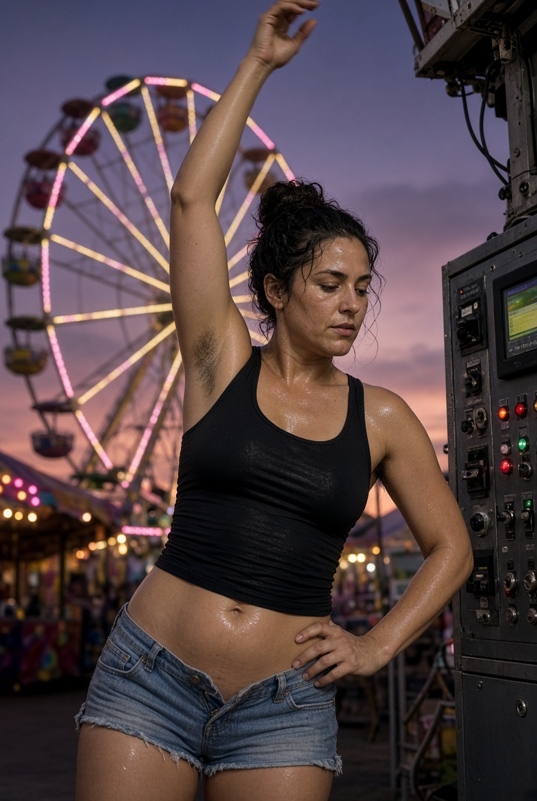 EnderVonF's tweet photo. Lena “Spark” Morales, the night-shift Ferris wheel operator who keeps the carnival spinning under neon skies. After a long humid summer evening running the controls, she’s taking a quick stretch between rides—sweaty, unbothered, and fully in her element.
#aiwoman #aifantasy https://t.co/zHJBMGO4BO