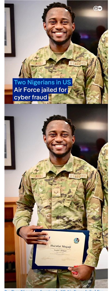 ope2y's tweet photo. Two Nigerians Serving In US Air Force Jailed For Cyber Fraud 

Two Nigerians who were serving in the US Air Force have been sentenced to prison for their roles in an international cyber fraud scheme.
Chijioke Timothy Odimegwu was sentenced https://t.co/vwXVtBkD98