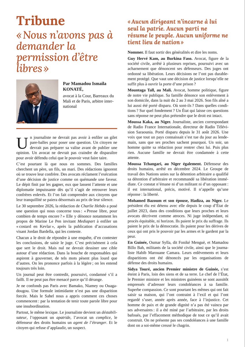 vieuxmko's tweet photo. Mountaga Tall, Moussa Kaka, Moussa Tchangari, Mohamed Bazoum, Guy Hervé Kam, Foniké Menguè… Leurs noms doivent continuer d'être prononcés.

Ma tribune : « Nous n'avons pas à demander la permission d'être libres ».

#LibérezMountagaTALL #Sahel

@debatsdecitemko 
@Debats2DroitMKO https://t.co/45a0rmRrMi