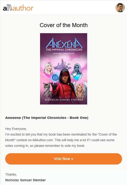 nsstember's tweet photo. I'm thrilled to be in my second "cover of the month" contest at AllAuthor. This contest will run all month (assuming Anexena manages to stay in, with each week's cut).  If you'd like to help out, throw us a vote at: https://t.co/LPZnhFx64u https://t.co/hDnQ5oAiBE