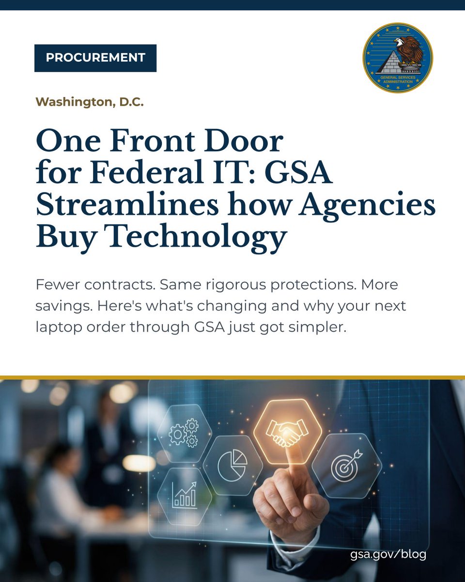 USGSA's tweet photo. With fewer contracts, the same strong protections, &amp; more savings, @USGSA is simplifying federal IT purchasing, giving agencies the tech they need with less complexity. 👉 https://t.co/tCtt50JFs7 https://t.co/wMp9ouH4UO
