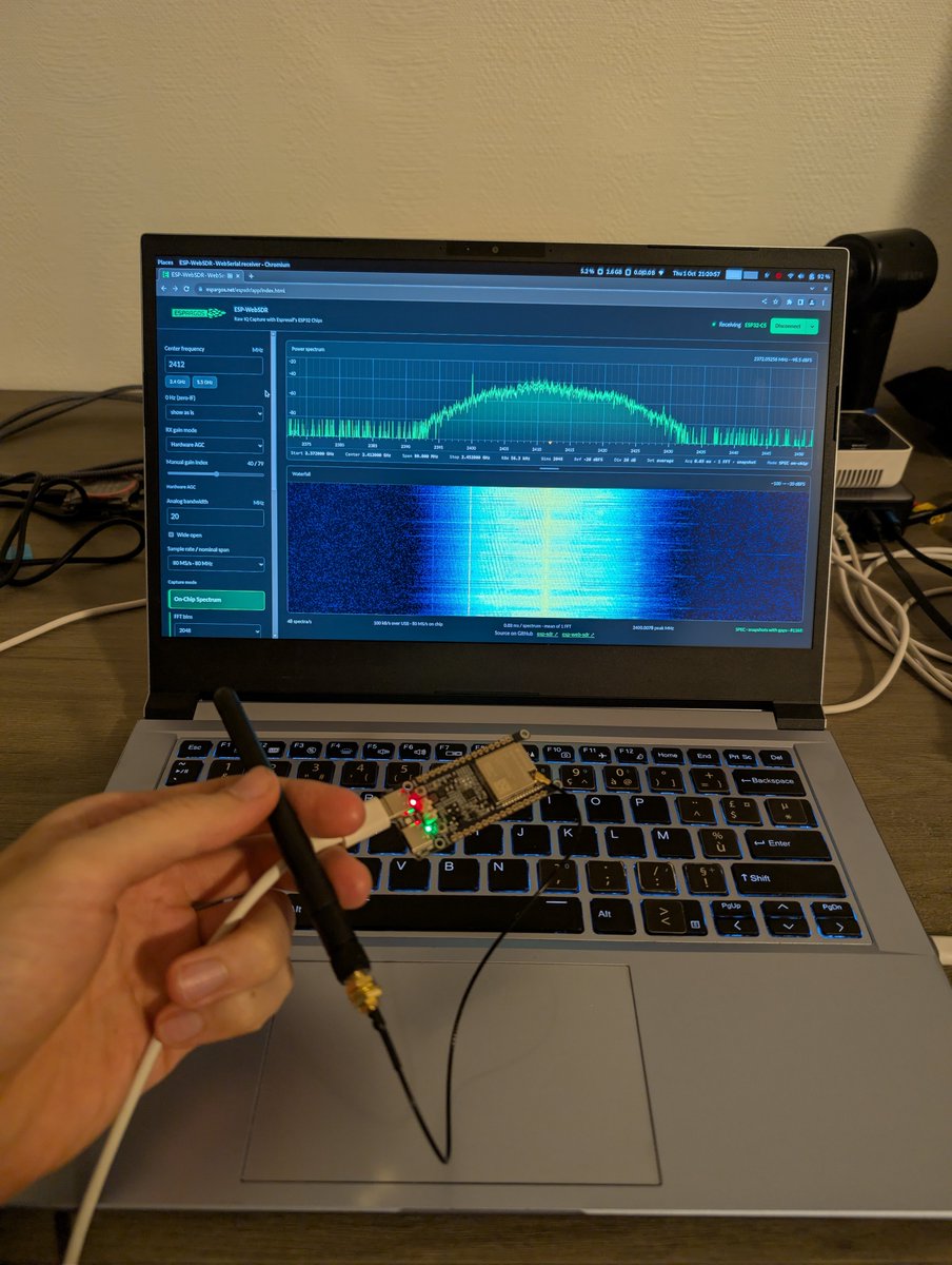 cryptolok's tweet photo. surprisingly, by using a hidden debug function in ESP32, you can transform it into SDR to analyze 2.4GHz and even 5Ghz spectrum
https://t.co/18xZfSThuQ https://t.co/v3YUw8vYSt