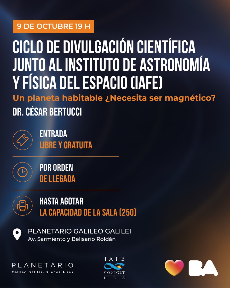 planetarioBA's tweet photo. Un planeta habitable ¿necesita ser magnético? 🌍

En el marco de la Semana Internacional del Espacio (4 al 10 de octubre), llega el segundo encuentro del ciclo de divulgación científica junto al IAFE https://t.co/lGCy4K0VRG