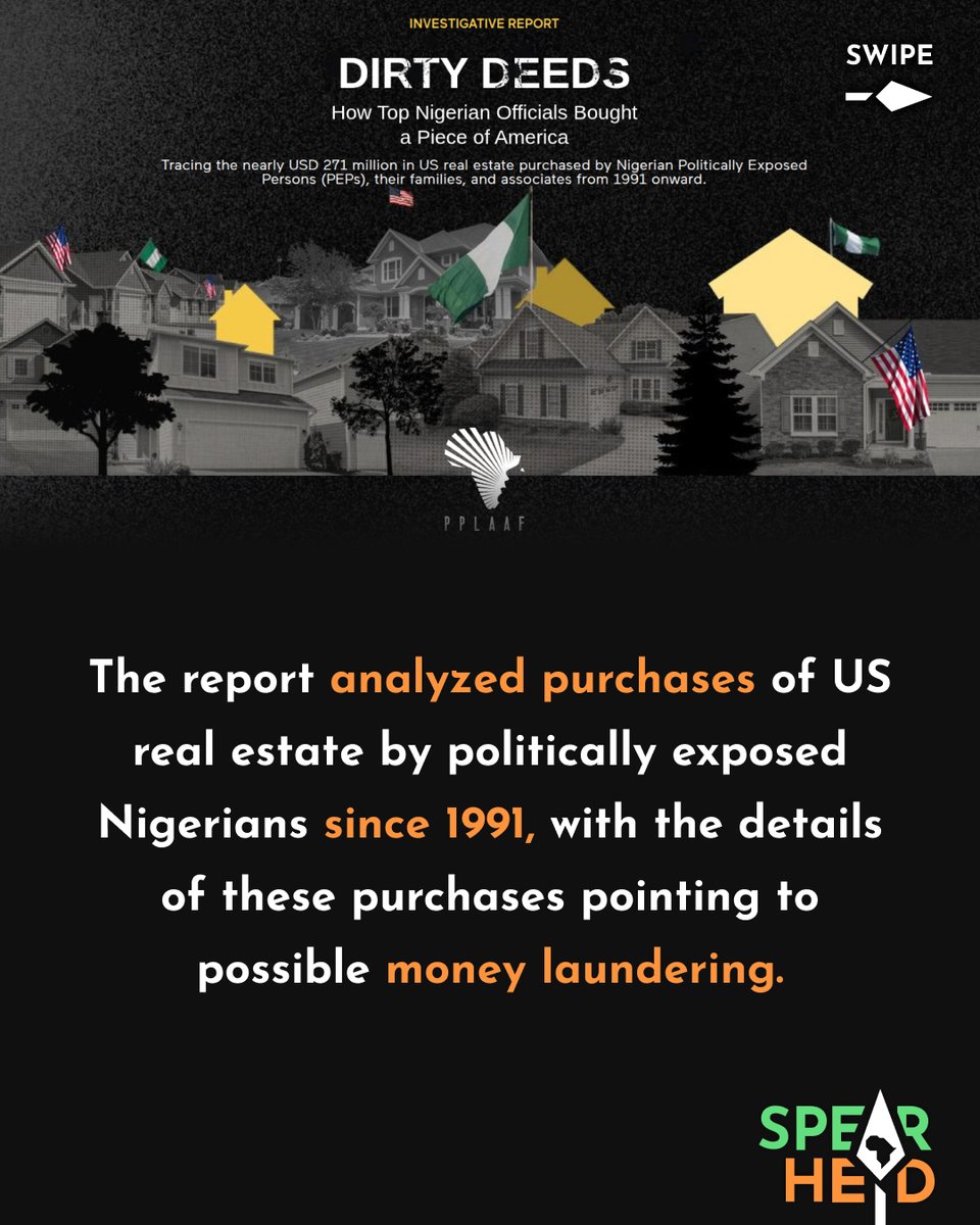Spearhead_Af's tweet photo. The United States Enables Corruption In Africa

A new investigation by Senegal-based NGO, the Platform to Protect Whistleblowers in Africa (PPLAAF), has revealed over 3 decades of potential illicit real estate purchases by Nigerian officials in the US. The purchases, worth a combined $271 million, faced zero scrutiny from US financial authorities, despite showing all the telltale signs of money laundering.

Yet the US and its fellow Western nations continue to lecture Africa about “corruption”.