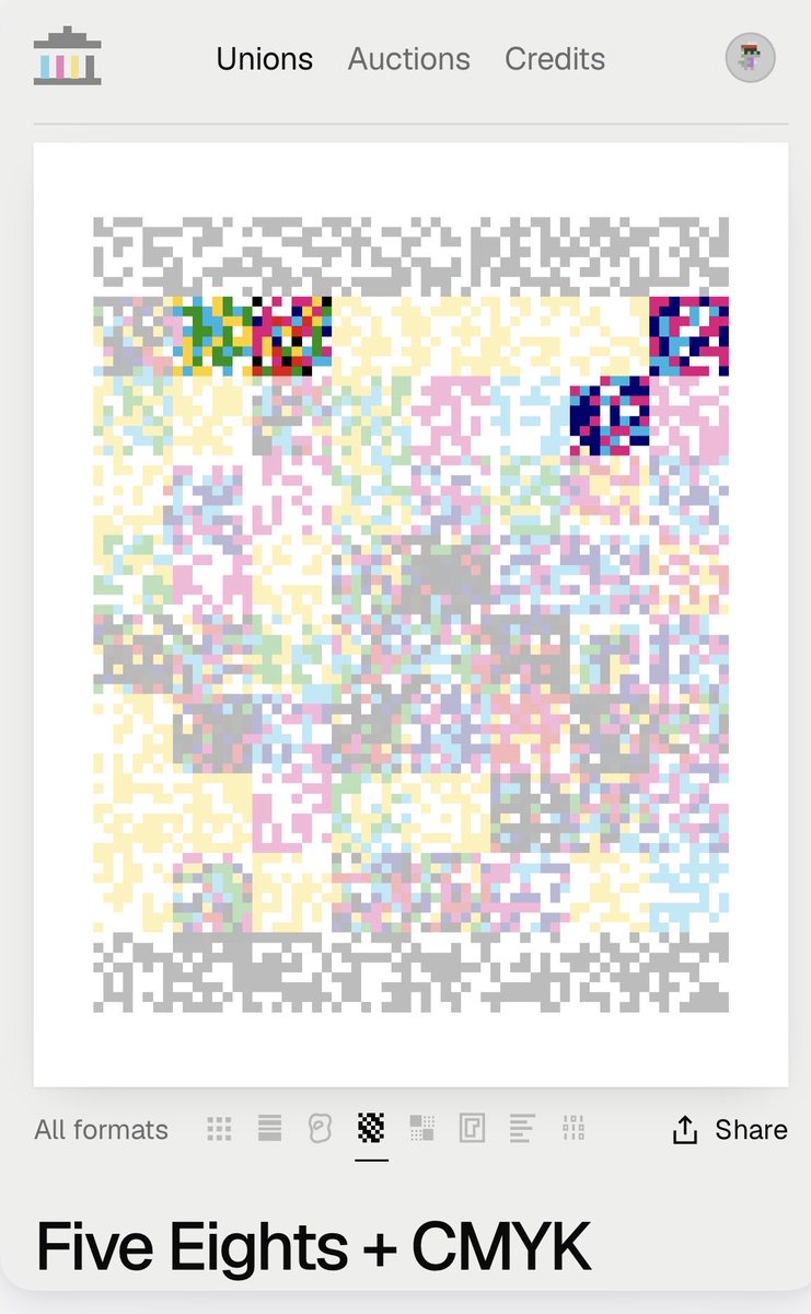 Alcoholcorrupts's tweet photo. Thank you for joining. I painted this based on the only five eights in @jackbutcher credit collection. 

I called it 5 eights plus cmyk because I had to include cmyk in place of the white. I also added a row of K for the top and bottom border since statements require a grid of 80 instead of 64. 

Only one has the 5 eights, but 76 more can be a part of the statement based off of the rarest credit.