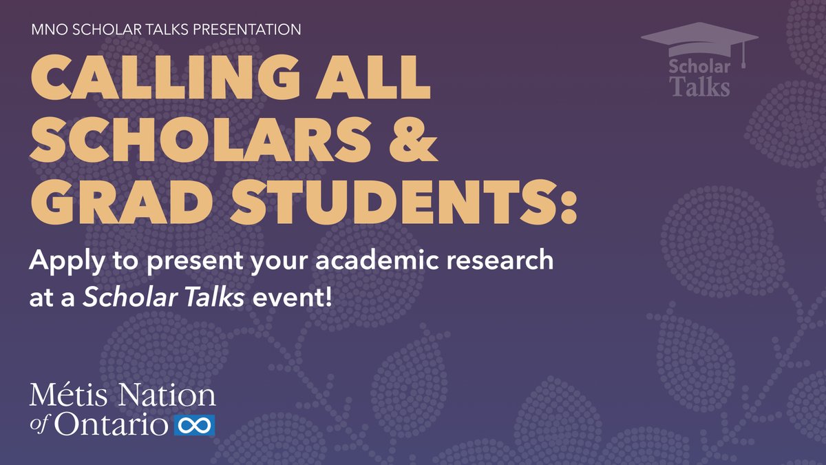 MetisNationON's tweet photo. Are you an MNO Citizen who’s a scholar or graduate student? We’re looking for virtual presenters for our Scholar Talks series!

 If you’re interested in sharing your research with the Métis community in a 20–30 minute presentation, complete this form: https://t.co/5YLiBBofNB https://t.co/S5ntAbqfUP
