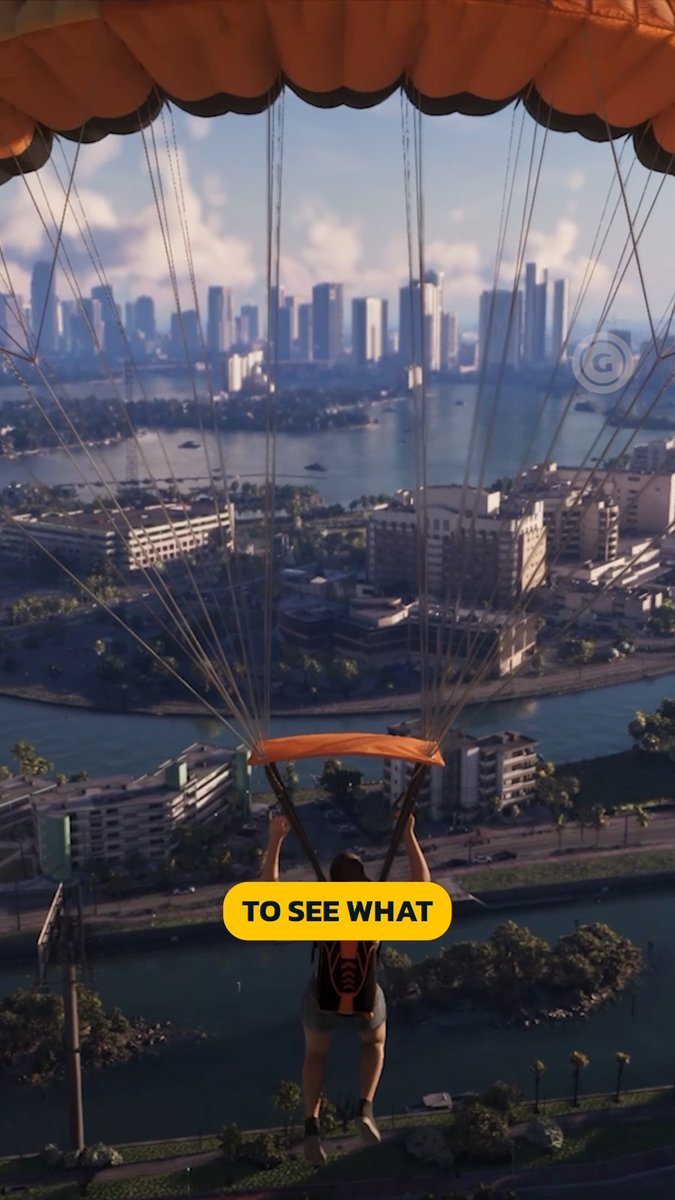 A person parachutes over a sunlit cityscape and river in this GTA 6 image, with the caption "TO SEE WHAT" displayed on screen—contrasting the post about dynamic, stormy weather by showcasing clear skies instead.