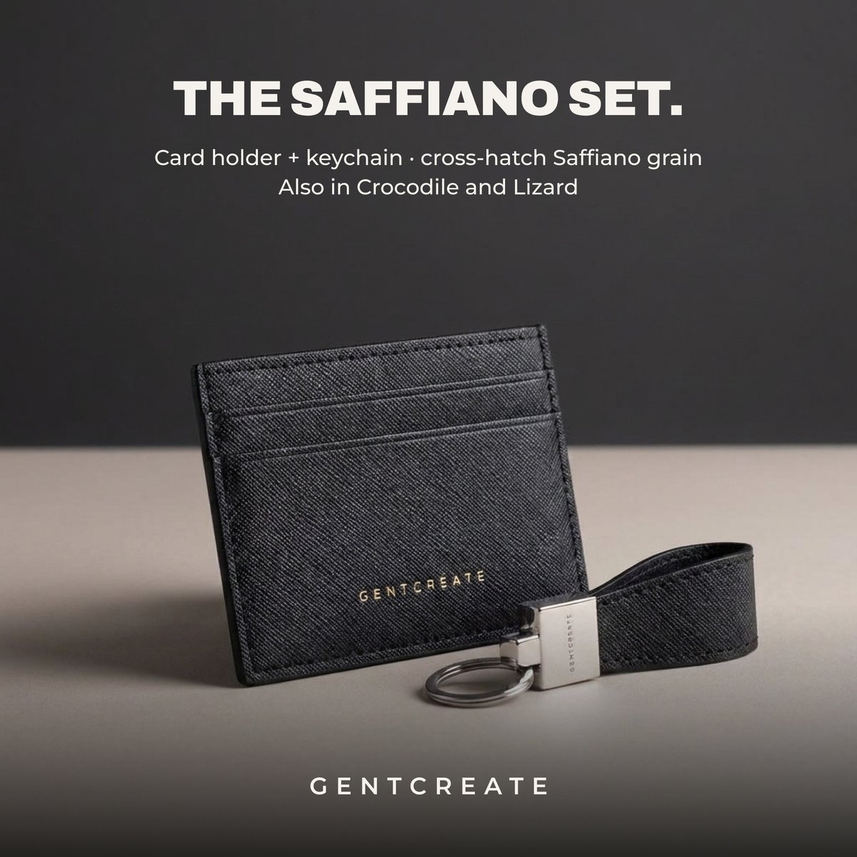 gentcreate's tweet photo. A matched set: case, card holder, keychain. Hand-sewn with a saddle stitch. The pattern is an emboss pressed into calfskin, not a hide.

#gentcreate https://t.co/oFihbRMwfH