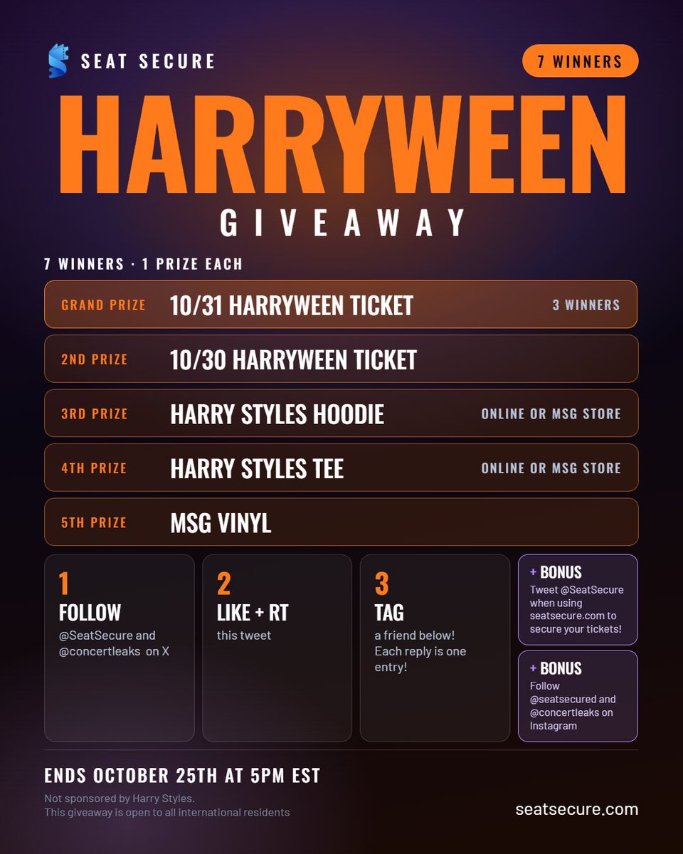 SeatSecure's tweet photo. 🎃 HARRYWEEN GIVEAWAY 🎃

3x 10/31 tickets
1x 10/30 ticket
Hoodie, Tee + MSG vinyl 

✅ Follow @SeatSecure &amp; @concertleaks
✅ Repost 

Bonus entry: Follow @ seatsecured + @concertleaks on Instagram

Ends 10/25

Check out https://t.co/9CbU8XrJyp for tickets in the meantime👀 https://t.co/txRaea8yPy