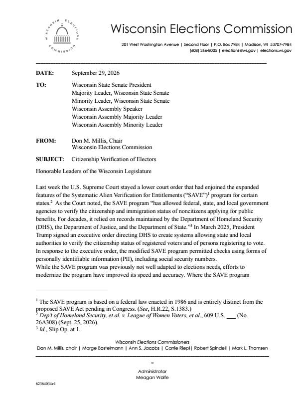 PeterBernegger's tweet photo. Wisconsin had 24,080 illegal aliens who cast ballots in the 2020 election. They voted since in other elections. That number is looking like it will go over 27,000.

Don Millis is a Commissioner on the Wisconsin Elections Commission (WEC). Yesterday he wrote a letter which omitted a significant exception in the very state statute he relied upon. In short, his letter uses a lot of ink to claim Wisconsin cannot use the SAVE citizenship verification to help protect our elections.

Yet Millis' letter failed to even mention Wis. Stat. 6.36(1)(bm) - which expressly permits WEC to transfer restricted voter-registration information - including DOB, driver's license and Social Security info - to a "law enforcement agency" for "law enforcement purposes". 

The Department of Homeland Security is a federal law enforcement agency. Federal statute deems it so; but so does Wis. Stat. 165.77(1)(b) - with DHS clearly falling under that definition.

Why doesn't Millis' letter discuss 6.36(1)(bm) at all? @VickiMcKenna @RegJoeShow @DonMillis @BobSpindell @DanEastman2023 @WisConDigest @WisGOP @WIGOP6th @WisGOP7 @SenatorKapenga @JanelBrandtjen @RonJohnsonWI @AAGDhillon @EagleEdMartin @DHSgov @DHSGenCounsel @EagleEdMartin @realtinapeters @AGToddBlanche