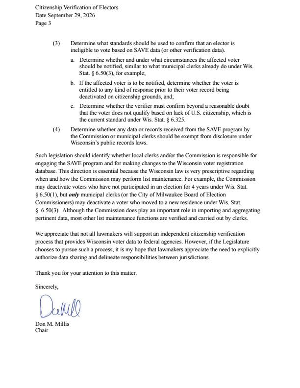 PeterBernegger's tweet photo. Wisconsin had 24,080 illegal aliens who cast ballots in the 2020 election. They voted since in other elections. That number is looking like it will go over 27,000.

Don Millis is a Commissioner on the Wisconsin Elections Commission (WEC). Yesterday he wrote a letter which omitted a significant exception in the very state statute he relied upon. In short, his letter uses a lot of ink to claim Wisconsin cannot use the SAVE citizenship verification to help protect our elections.

Yet Millis' letter failed to even mention Wis. Stat. 6.36(1)(bm) - which expressly permits WEC to transfer restricted voter-registration information - including DOB, driver's license and Social Security info - to a "law enforcement agency" for "law enforcement purposes". 

The Department of Homeland Security is a federal law enforcement agency. Federal statute deems it so; but so does Wis. Stat. 165.77(1)(b) - with DHS clearly falling under that definition.

Why doesn't Millis' letter discuss 6.36(1)(bm) at all? @VickiMcKenna @RegJoeShow @DonMillis @BobSpindell @DanEastman2023 @WisConDigest @WisGOP @WIGOP6th @WisGOP7 @SenatorKapenga @JanelBrandtjen @RonJohnsonWI @AAGDhillon @EagleEdMartin @DHSgov @DHSGenCounsel @EagleEdMartin @realtinapeters @AGToddBlanche