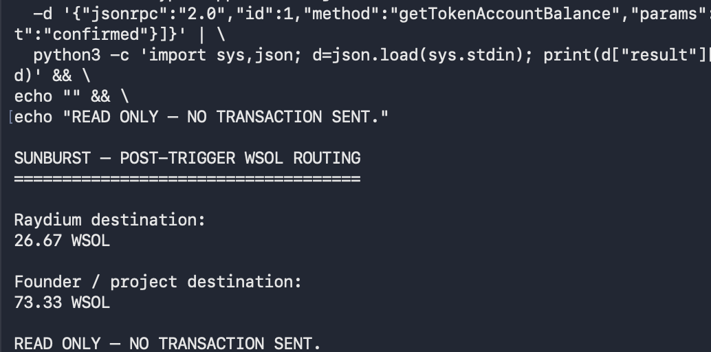 Sunburst_SOL's tweet photo. Testing before launch.

Another part of the SUNBURST launch process was tested locally today.

After the Launch Pool closed, the proceeds routed exactly as configured:

26.67% → liquidity
73.33% → project allocation

This is a local test. $BRST is not live.

We’re testing the mechanics before asking anyone to participate.

NOTHING HIDDEN.