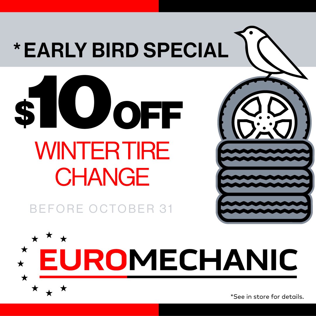 euro_mechanic's tweet photo. Winter tire season is coming quickly. Get ahead of the rush and save $10 on your winter tire change before October 31st.
Find the location nearest you and book your tire change appointment today. https://t.co/1JnmeMro3I
#EuroMechanic #CarRepair #AutoRepair #MechanicNearMe https://t.co/QVwjWqng6l
