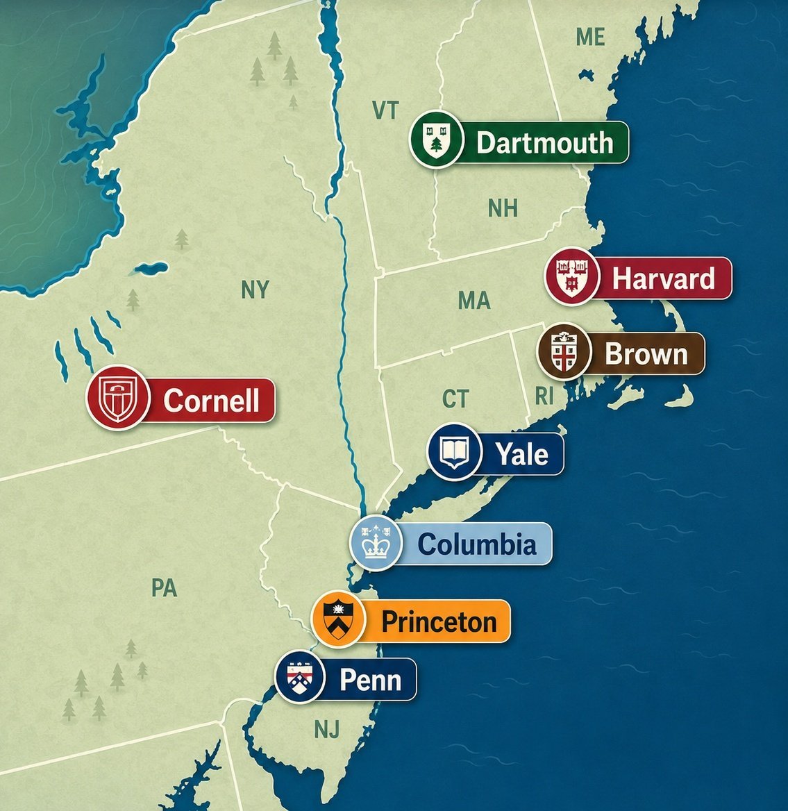 theepicmap's tweet photo. A map of all Ivy League universities in the United States. https://t.co/TX0qxT9vXU