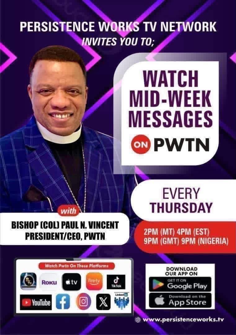 BishopColPaul's tweet photo. WATCH MID-WEEK MESSAGE ON PWTN
WITH BISHOP (COL) PAUL N. VINCENT

Watch This Week’s Mid-Week Message as Bishop (COL) Paul N. Vincent Brings a Powerful Word On Persistence Works TV Network! Watch PWTN: On All Leading Connected TV Platforms Reaching Over 200 Million Potential Viewers, On Our Android & iPhone Apps, Online & Distributed On YouTube, FB, X, TikTok & 20 Media Platforms! ... For More Info Or To SOW a SEED Online Thru PayPal, Zelle Or Cashapp: 

Visit: https://t.co/MCWGUmQVJU