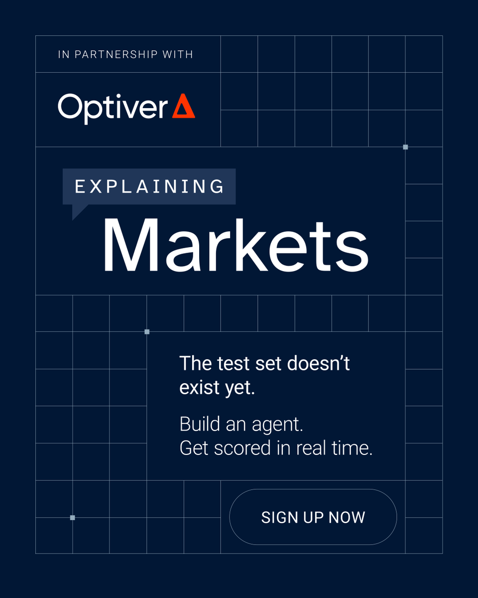 OptiverGlobal's tweet photo. Most AI competitions start with a test set where the answers already exist.

Explaining Markets evaluates agents on earnings announcements as they happen, before we know how the market will react.

Sign up by October 11 to build an agent that responds to each new event and gets scored once the market moves. Starter resources are available at https://t.co/dndcBAxsfJ