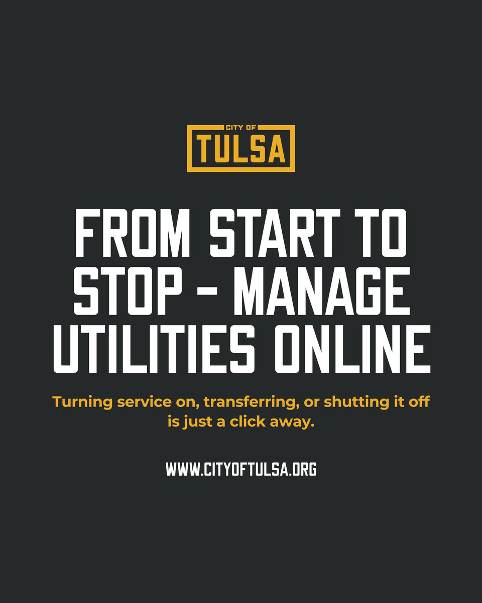 cityoftulsagov's tweet photo. Moving doesn’t have to be stressful. You can now request to turn on, transfer, or shut off City utilities online - no phone call needed!
Find the online forms at https://t.co/GywZE1IEIS https://t.co/BeTr8mQQy8