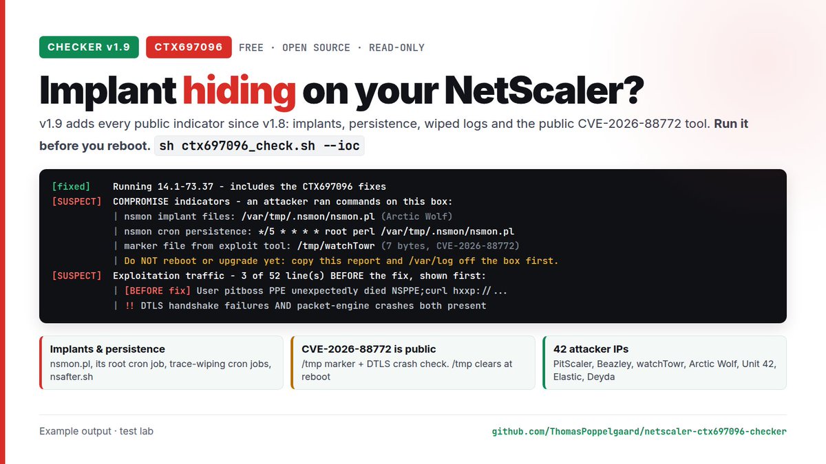 _POPPELGAARD's tweet photo. 🛠️ NetScaler CTX697096 checker v1.9: every public IoC since v1.8 in one read-only command. nsmon Perl implant, Unit 42 .deb webshell, trace-wiping cron jobs, /tmp/watchTowr marker, 42 attacker IPs. Every attack tagged before/after your fix. 

⚠️ The CVE-2026-88772 DTLS tool is public. Can't patch today? Block UDP/443 or disable DTLS. And enable Enhanced ISN: patching alone doesn't close CVE-2026-88778.

https://t.co/3SkzytB28X

Thanks @emilstahl  (PitScaler), @Unit42_Intel , @AWNetworks , @watchtowrcyber , @elastic , @Deyda84 🙏

#NetScaler #CVE202688771 #CVE202688772 #CVE202688773 #CVE202688774 #CVE202688775 #CVE202688776 #CVE202688777 #CVE202688778 #Citrix