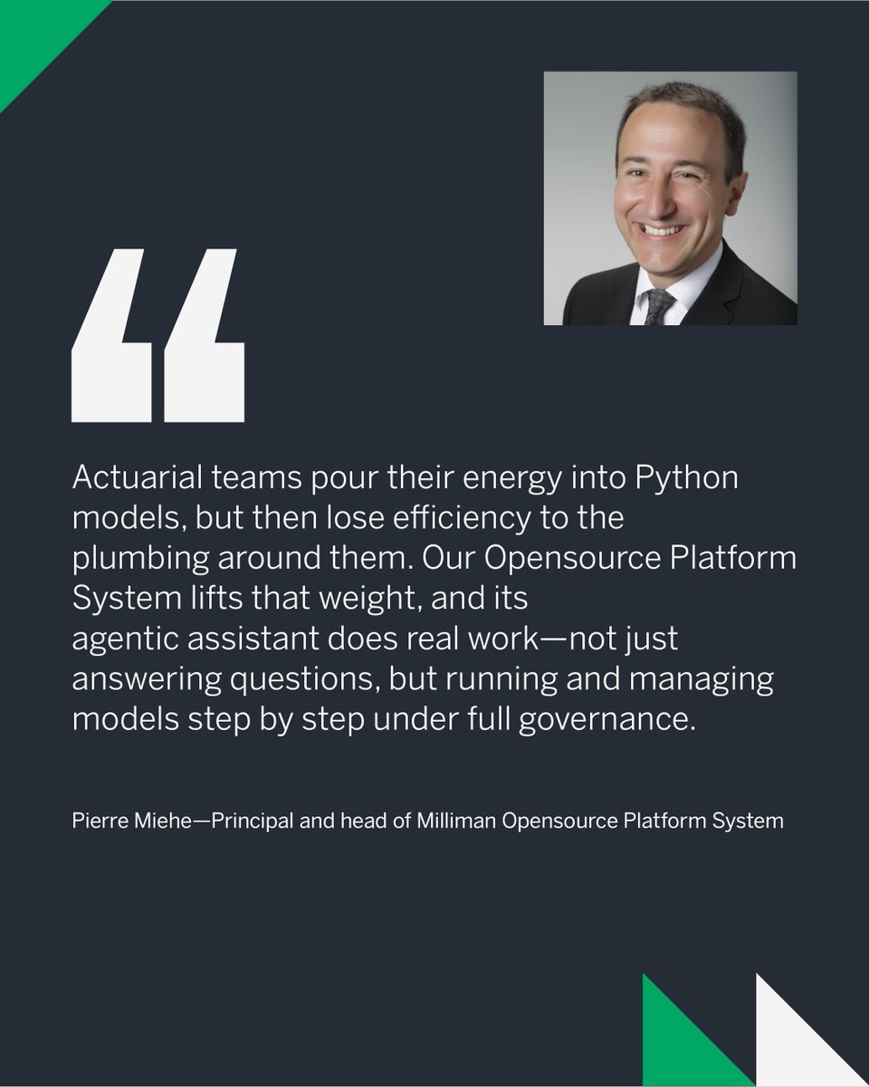 millimaninsight's tweet photo. Milliman releases Milliman Opensource Platform System, an  AI-enhanced platform for deploying Python models. 

The Opensource Platform System unifies model execution, workflow orchestration, and governance, with an embedded agentic AI assistant. 

Learn more in our press release: https://t.co/hTkK6Pbygi

#Milliman #MillimanAISolutions #ArtificialIntelligence
