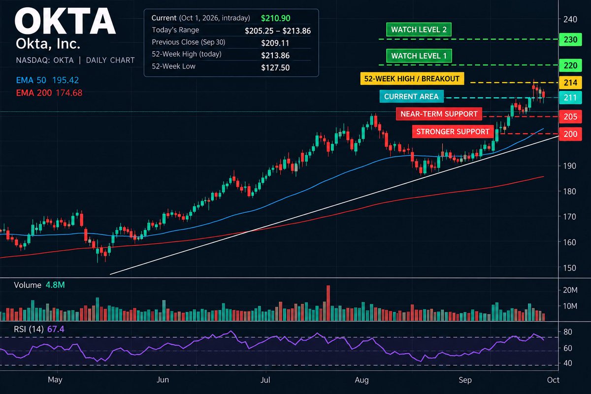 No_thing_007's tweet photo. $OKTA is showing serious momentum 👀📈

The stock is trading around $210 after pushing to a fresh 52-week high above $213.

I’m watching the $213–$214 area closely. A clean breakout and hold above that zone could signal another leg higher.

If it pulls back, I’ll be watching to see whether buyers step back in around the recent $200–$205 area.

$OKTA #Stocks #StockMarket #Cybersecurity
