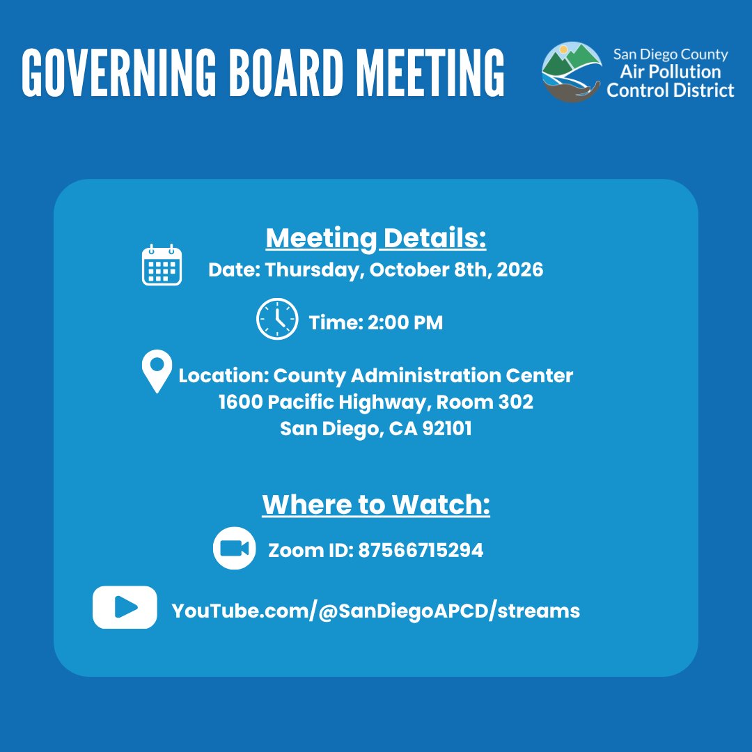 sdapcd's tweet photo. Our next Governing Board Meeting will be held Thursday, October 8th, 2026 @ 2PM

Attend in person at 1600 Pacific Hwy, Rm. 302, San Diego, CA 92101, or virtually via Zoom or YouTube.

For more information, visit https://t.co/JDGWymmAwo

#SDAPCD #GoverningBoardMeeting https://t.co/ra2gmVyJb7