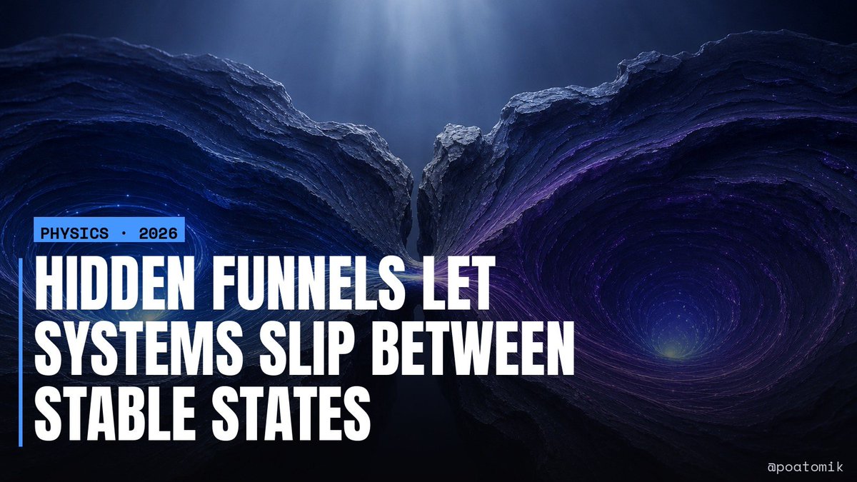 poatomik's tweet photo. Physicists found hidden 'funnels' inside the walls between stable states, and a system can slip through them from places it should never have been able to reach.

Many systems in nature can settle into more than one stable state: brain signals, climate patterns. Where they end up depends on where they start. The set of starting points that lead to a given state is called its "basin of attraction".

A team led by Serhiy Yanchuk at University College Cork (Ireland, with colleagues in Germany) modeled systems that run fast and slow processes at the same time, like weather versus oceans and ice sheets. Stretching out from some basins, they found long, narrow pathways they call "singular funnels".

The wider the gap between fast and slow timescales, the thinner the funnels get. But as long as both run at finite speeds, they never fully vanish.

They showed up in everything from the simplest two-state model to networks of up to 10 linked oscillators, which hints they may be a universal feature.

The catch: conclusions about resilience and tipping points drawn from simplified models, including some used to assess climate change, can miss these paths entirely.

Published in Physical Review Letters.
