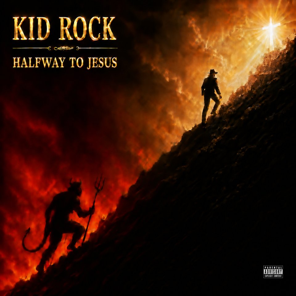 KidRock's tweet photo. The album cover and track list for Kid Rocks soon to be released album "HALFWAY 2 JESUS" is here!

“JAMES 1:17" (Jesus Is King) is available everywhere NOW! The official video premieres TONIGHT!

Video - https://t.co/XinKorHSEY

All info and more available @ https://t.co/7sRxmN0PVi