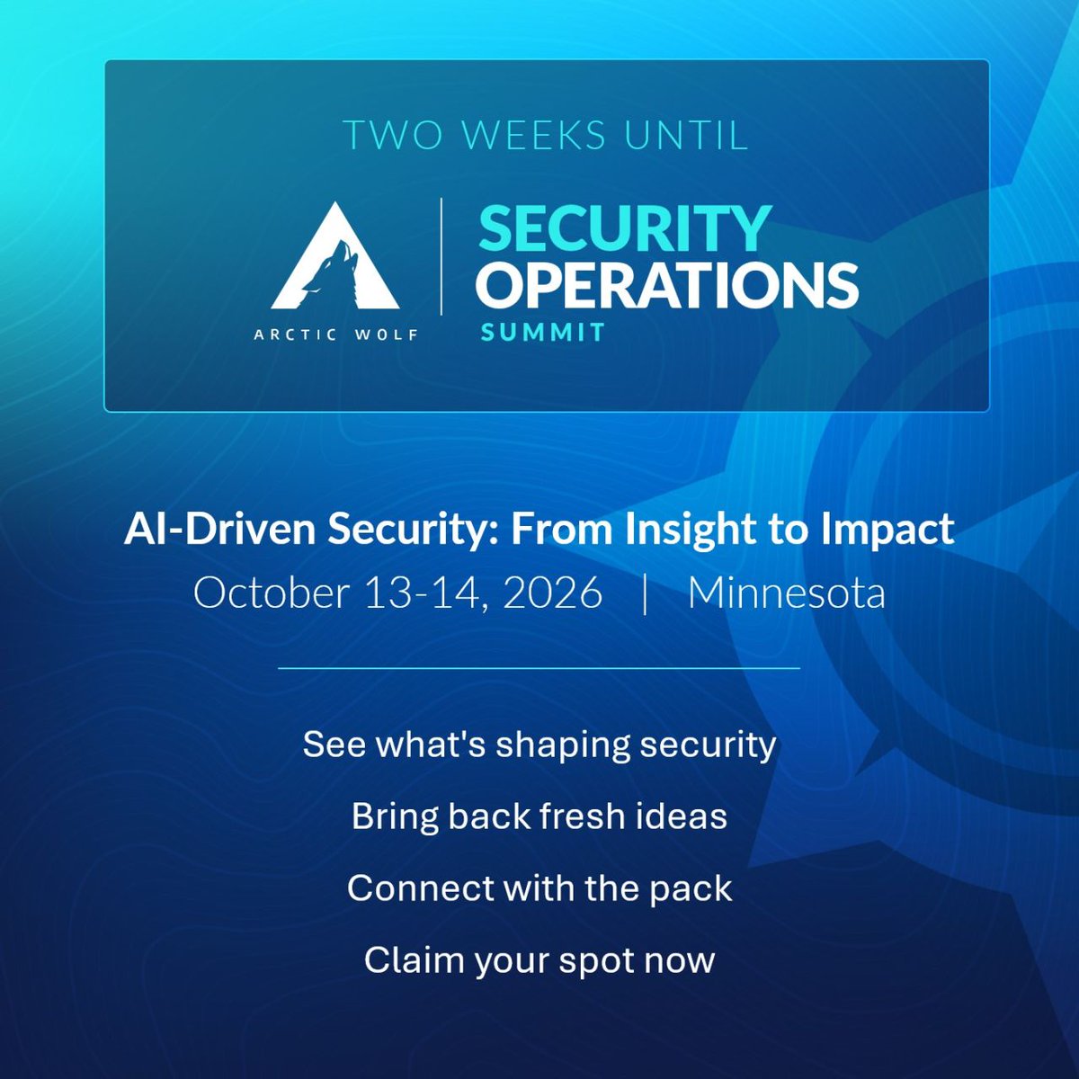 AWNetworks's tweet photo. Two weeks until the Security Operations Summit, built for security leaders who want strategies they can use to enhance their cyber resilience. Register now: https://t.co/zp2uMB7AA1

#SecurityOperationsSummit https://t.co/pIs1eA1s5J