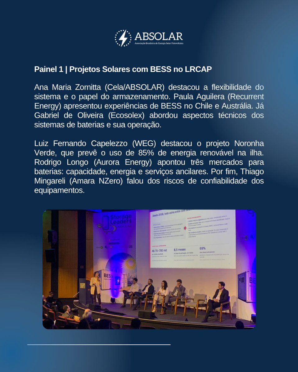 ABSOLAR_Brasil's tweet photo. Vamos de #TBT para relembrar o que aconteceu nos dois painéis e no encerramento do evento ABSOLAR Storage Leaders, realizado no dia 30 de setembro, em São Paulo/SP. 

As discussões sobre viabilidade econômica dos projetos de BESS e eficiência operacional dominaram o debate. Siga o fio e confira!

Seja associado da ABSOLAR! Trabalhe conosco pelo desenvolvimento da fonte solar fotovoltaica aliada ao armazenamento de energia elétrica. Acesse https://t.co/69zxflMKu0.