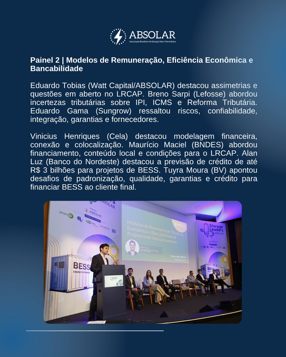 ABSOLAR_Brasil's tweet photo. Vamos de #TBT para relembrar o que aconteceu nos dois painéis e no encerramento do evento ABSOLAR Storage Leaders, realizado no dia 30 de setembro, em São Paulo/SP. 

As discussões sobre viabilidade econômica dos projetos de BESS e eficiência operacional dominaram o debate. Siga o fio e confira!

Seja associado da ABSOLAR! Trabalhe conosco pelo desenvolvimento da fonte solar fotovoltaica aliada ao armazenamento de energia elétrica. Acesse https://t.co/69zxflMKu0.