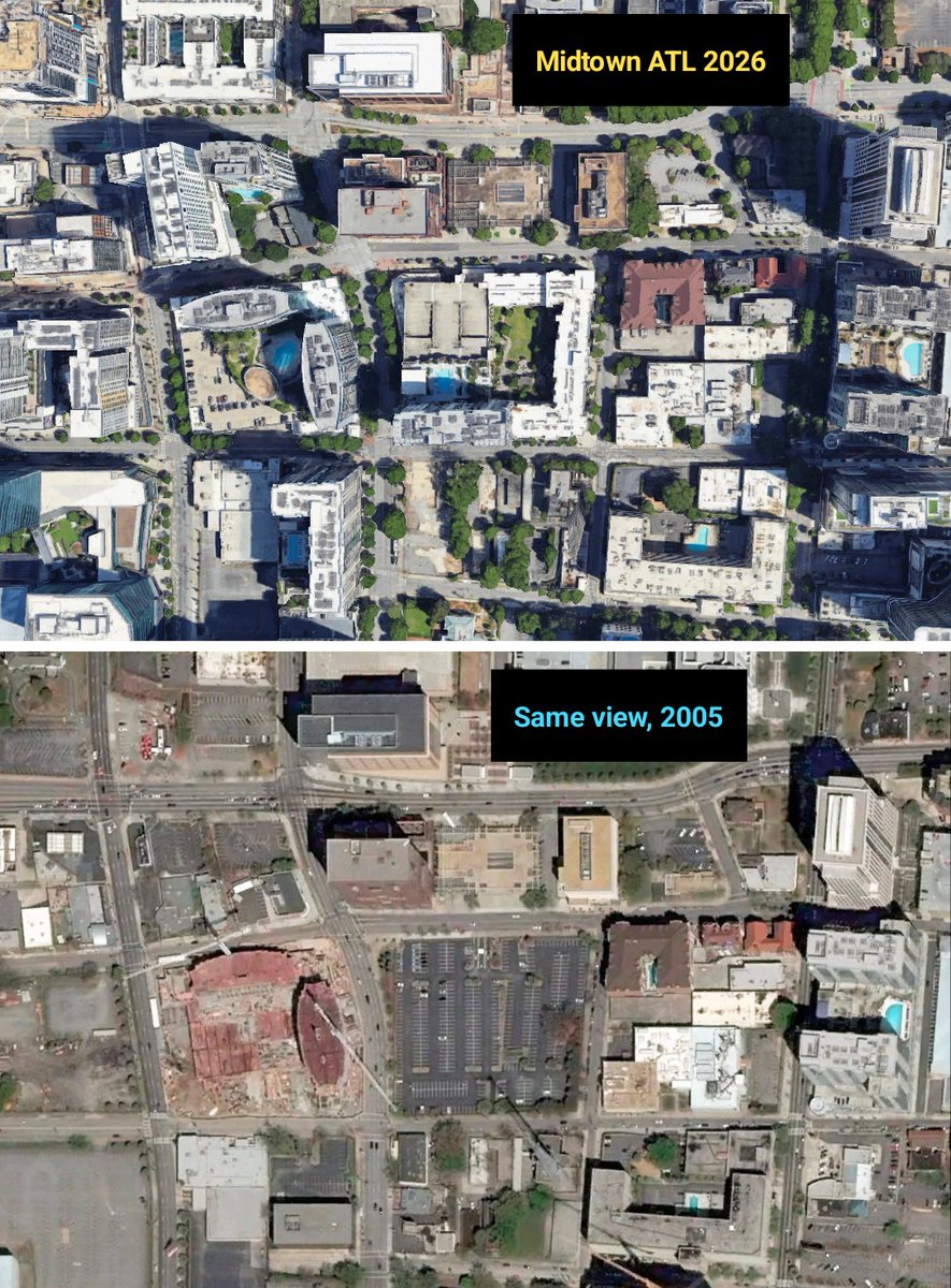 atlurbanist's tweet photo. The area around Midtown MARTA Station in 2026 &amp; 2005. In that same period, our only rail expansion was a pitiful streetcar loop 1.3 miles long. 

Infill density moves faster than transit construction. While we wait for new rail, densifying near existing stops is important. 

1/ https://t.co/XNWGt2X6CM