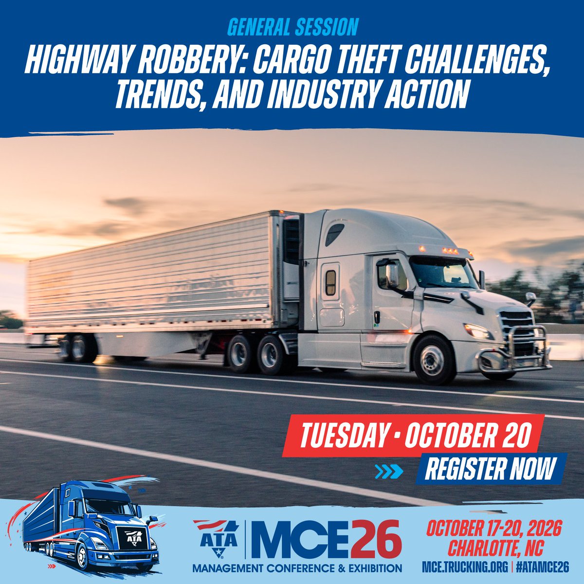 TRUCKINGdotORG's tweet photo. 🚛 Every day, cargo thieves steal over $18 million from the trucking industry.

Join us at #ATAmce26 for a mainstage discussion on one of the industry's most pressing challenges and the collaborative strategies helping to protect freight, businesses, and the supply chain.

👉 Register now: https://t.co/m9yBeiOr1k