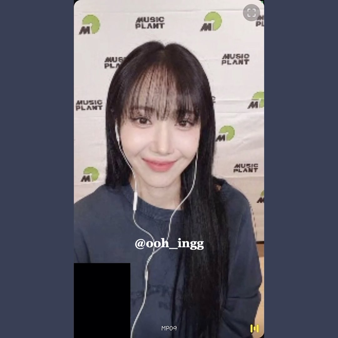 A screenshot shows a young woman with long black hair and earphones smiling at the camera, with the watermark '@ooh_ingg' and a 'MUSIC PLANT' backdrop.