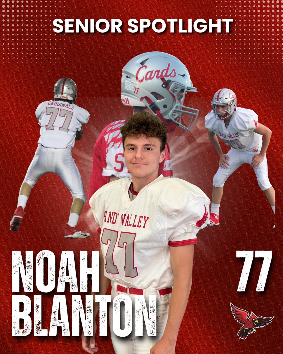 SVCardsFootball's tweet photo. Senior Spotlight - #77 Noah Blanton 
🎓🏈
Blanton plays middle linebacker and special teams for the Cardinals and has spent four years with the team. His favorite memory with Sandy Valley Football was going to the playoffs his freshman year. https://t.co/fCJZxRdH0p