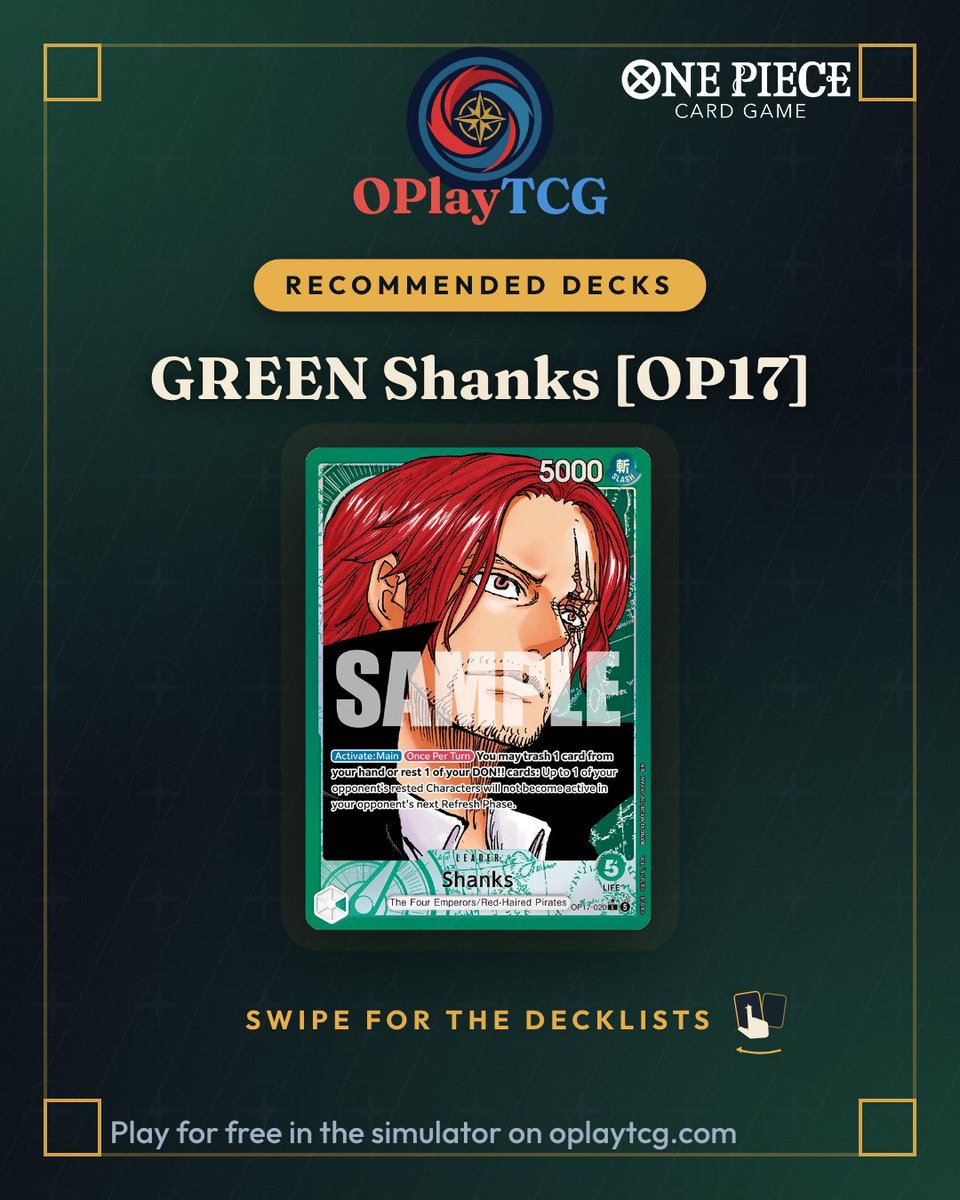 OPlayTCG's tweet photo. Recommended decks for Shanks (OP17): 3 real lists winning in ranked on OPlayTCG. Swipe for the decklists and play for free at https://t.co/pmjuVXlZoS
#OnePieceCardGame #OPTCG #OPlayTCG https://t.co/8AFgoG28Cg